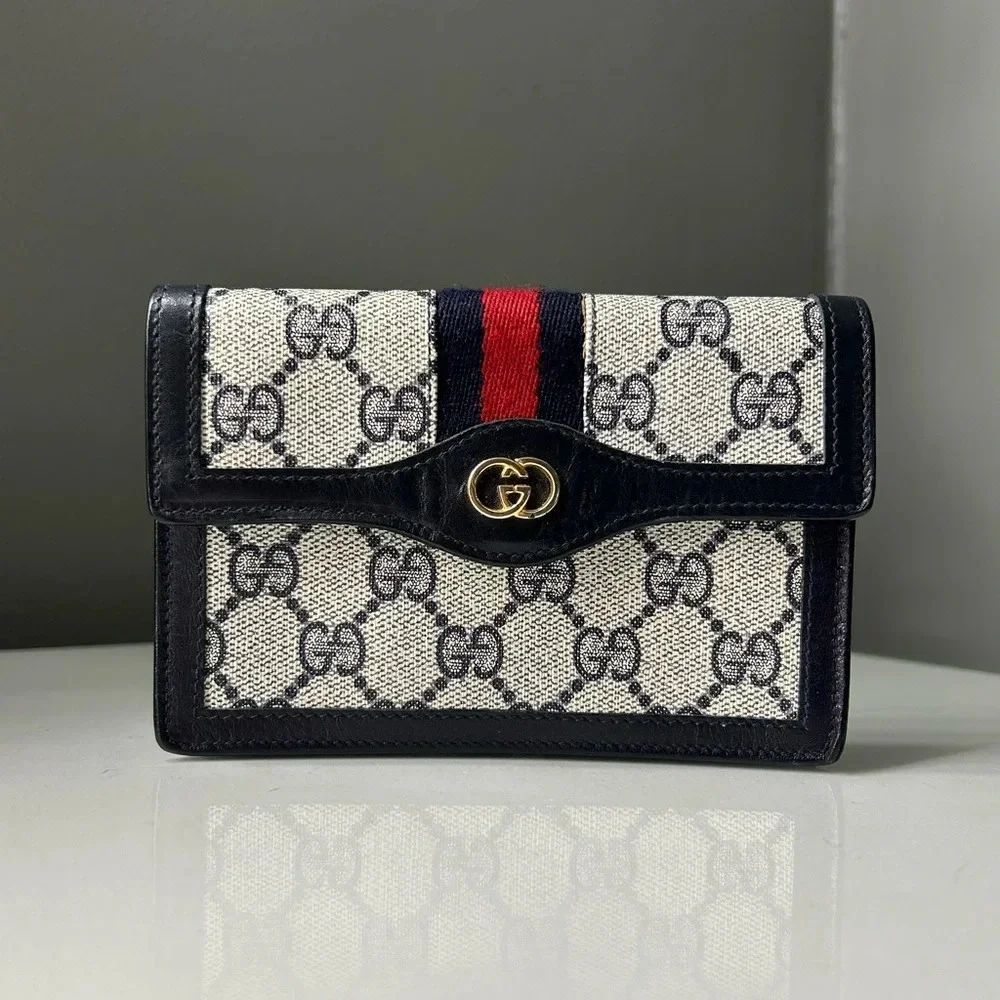 Gucci | Bags | Gucci Web Navy Sherry Line Gg Coated Canvas Clutch